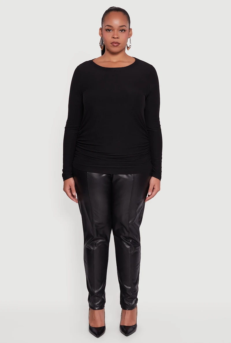 Womens Plus Ruched Long Sleeve Solid Crew Neck Top,