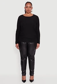 Womens Plus Ruched Long Sleeve Solid Crew Neck Top,