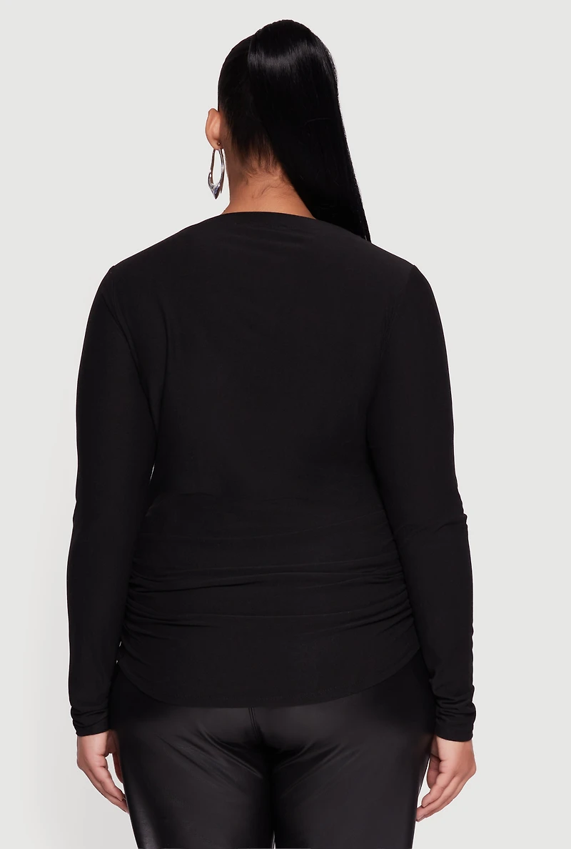 Womens Plus Ruched Long Sleeve Solid Crew Neck Top,