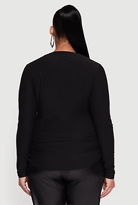 Womens Plus Ruched Long Sleeve Solid Crew Neck Top,