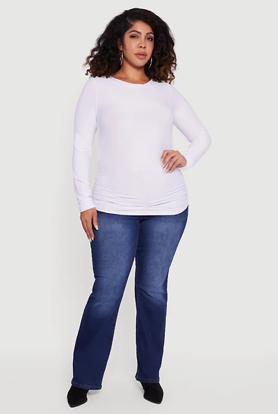 Plus Ruched Long Sleeve Solid Crew Neck Top