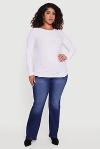 Plus Ruched Long Sleeve Solid Crew Neck Top