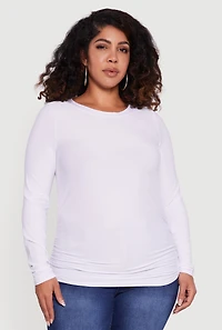 Plus Ruched Long Sleeve Solid Crew Neck Top