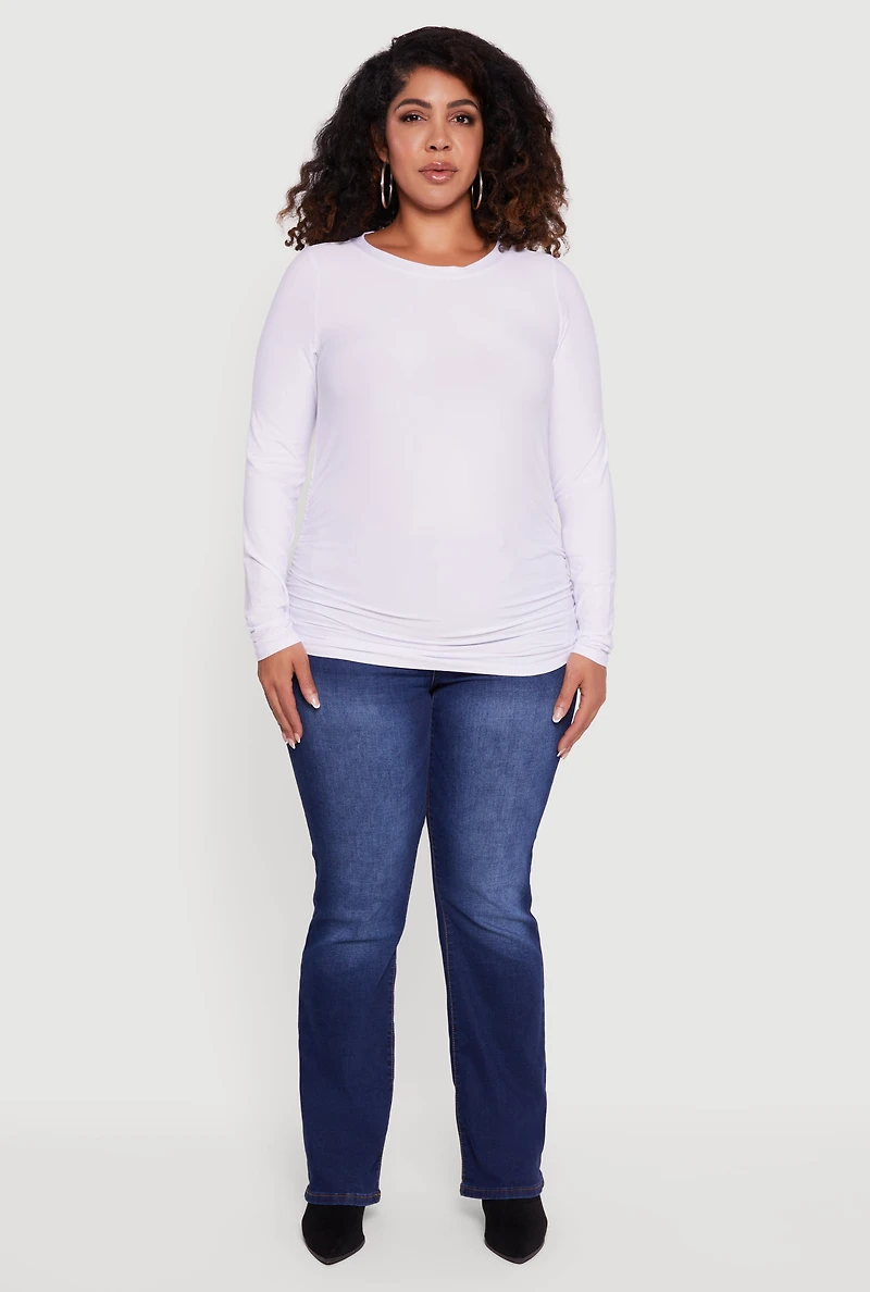 Plus Ruched Long Sleeve Solid Crew Neck Top