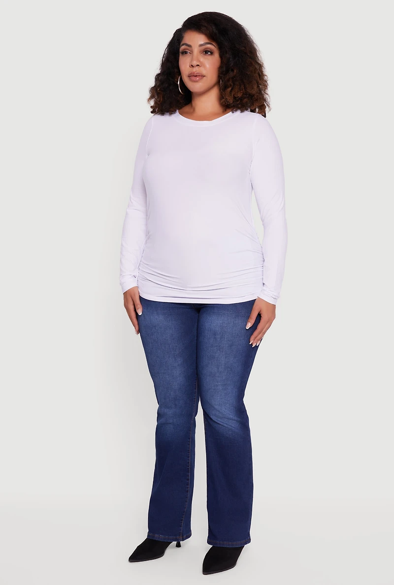 Plus Ruched Long Sleeve Solid Crew Neck Top