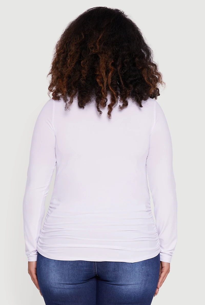 Plus Ruched Long Sleeve Solid Crew Neck Top