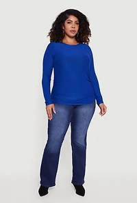 Womens Plus Ruched Long Sleeve Solid Crew Neck Top, 1X