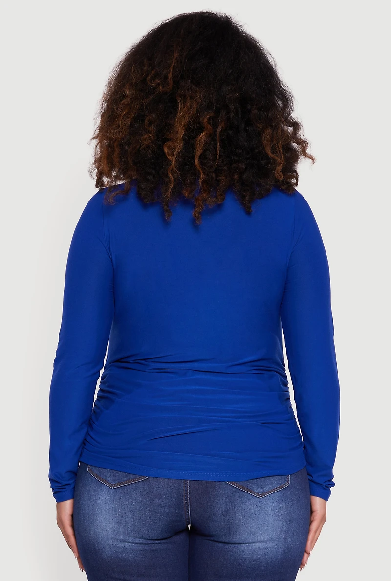 Womens Plus Ruched Long Sleeve Solid Crew Neck Top, 1X