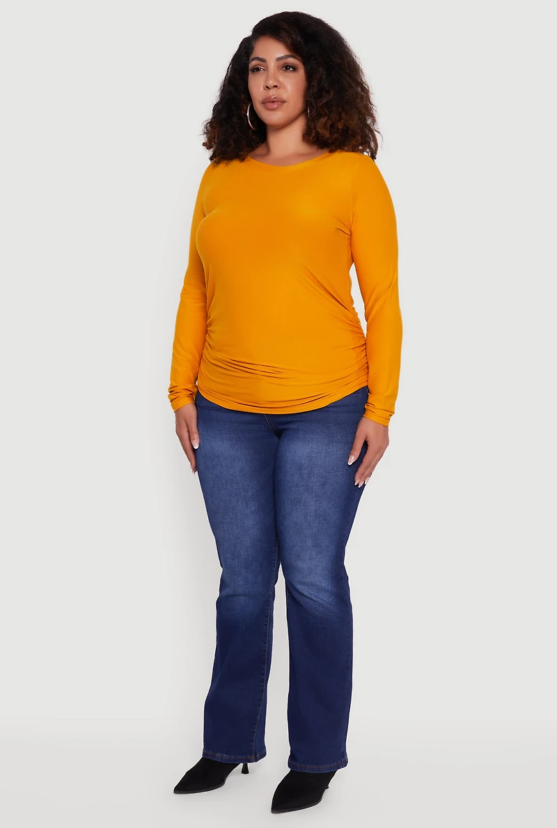 Plus Ruched Long Sleeve Solid Crew Neck Top
