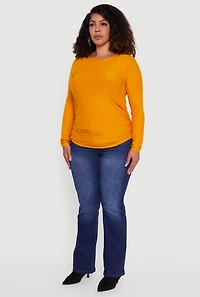 Plus Ruched Long Sleeve Solid Crew Neck Top