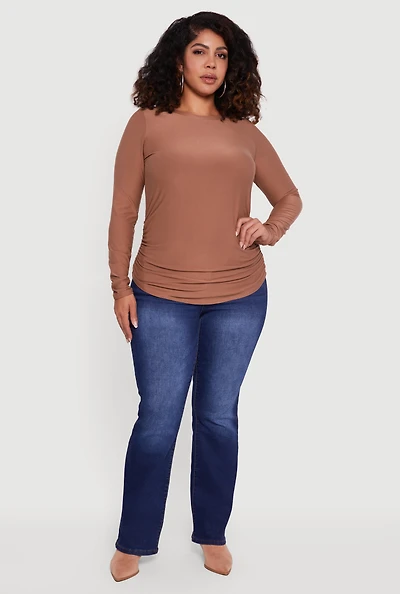 Womens Plus Size Ruched Long Sleeve Solid Crew Neck Top, Brown, Size 3X