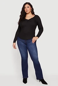 Womens Plus Ribbed Knit Snap Button Front Long Sleeve Tee,