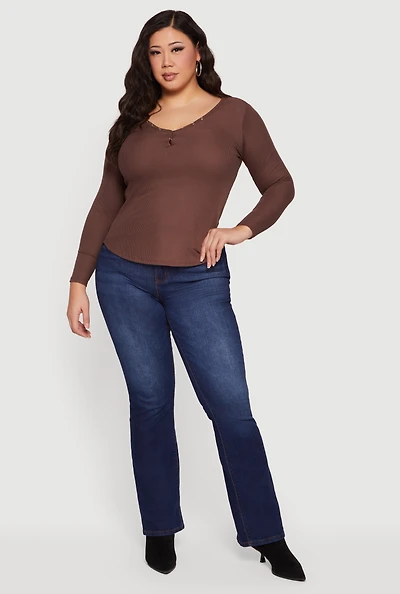 Womens Plus Ribbed Knit Snap Button Front Long Sleeve Tee,