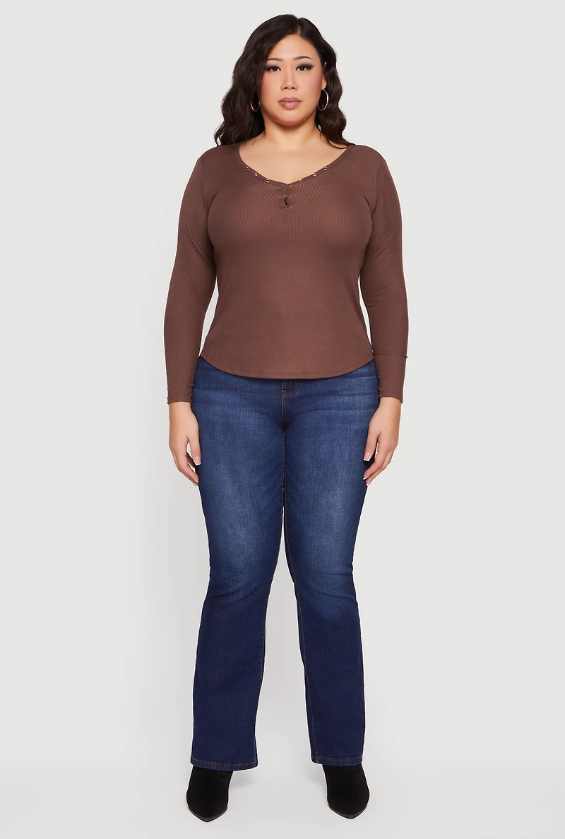 Plus Ribbed Knit Snap Button Front Long Sleeve Tee