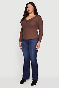 Plus Ribbed Knit Snap Button Front Long Sleeve Tee