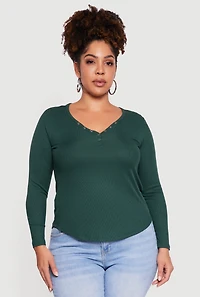 Plus Ribbed Knit Snap Button Front Long Sleeve Tee
