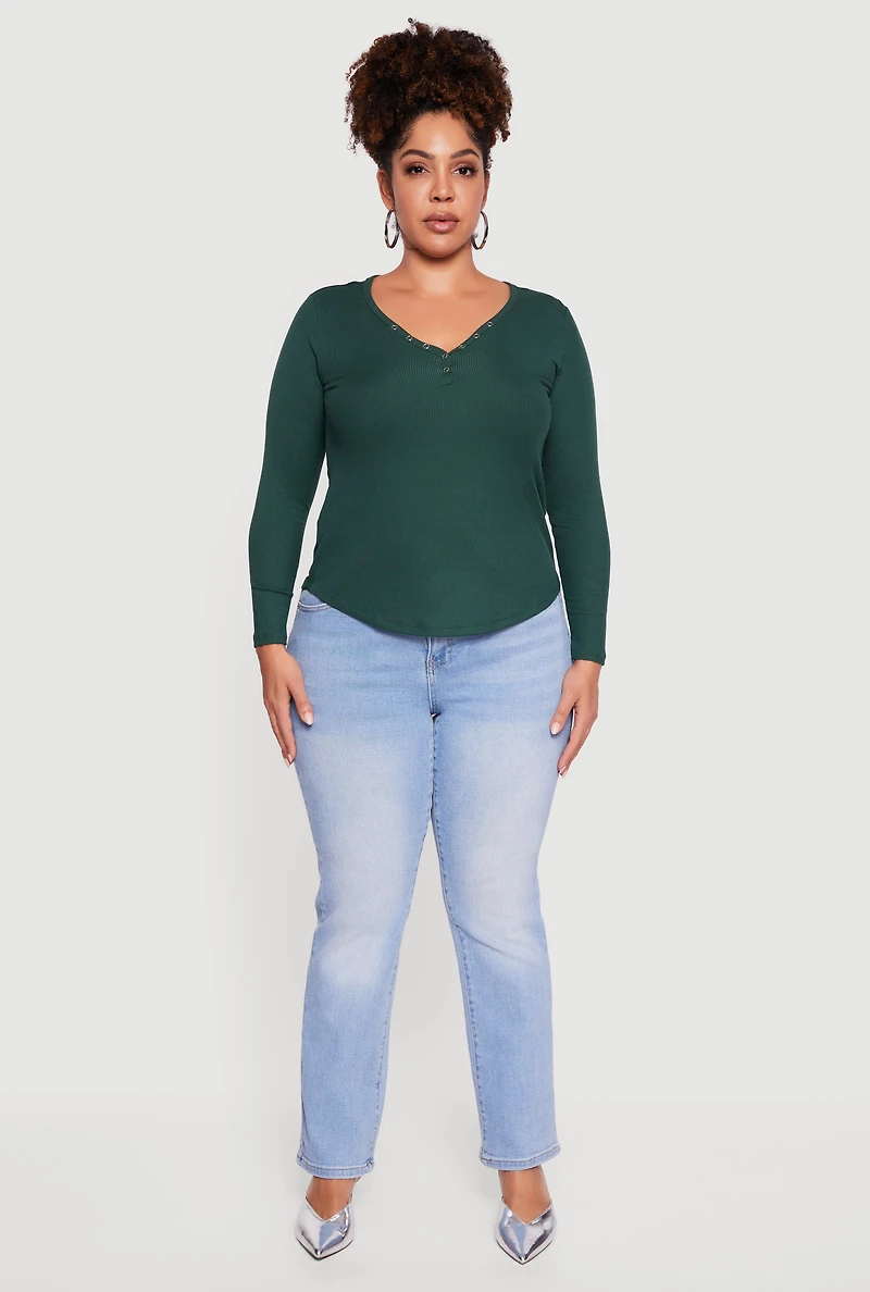 Plus Ribbed Knit Snap Button Front Long Sleeve Tee