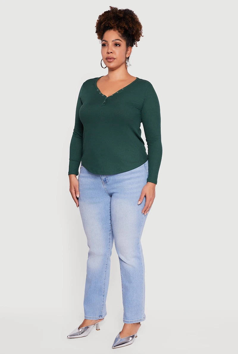 Plus Ribbed Knit Snap Button Front Long Sleeve Tee