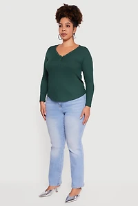 Plus Ribbed Knit Snap Button Front Long Sleeve Tee