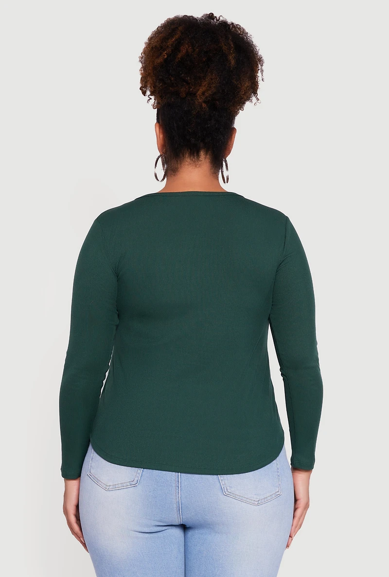 Womens Plus Size Ribbed Knit Snap Button Front Long Sleeve Tee, Green, Size 1X