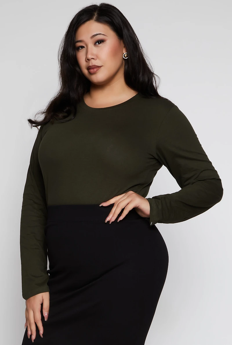Womens Plus Basic Crew Neck Long Sleeve Top,