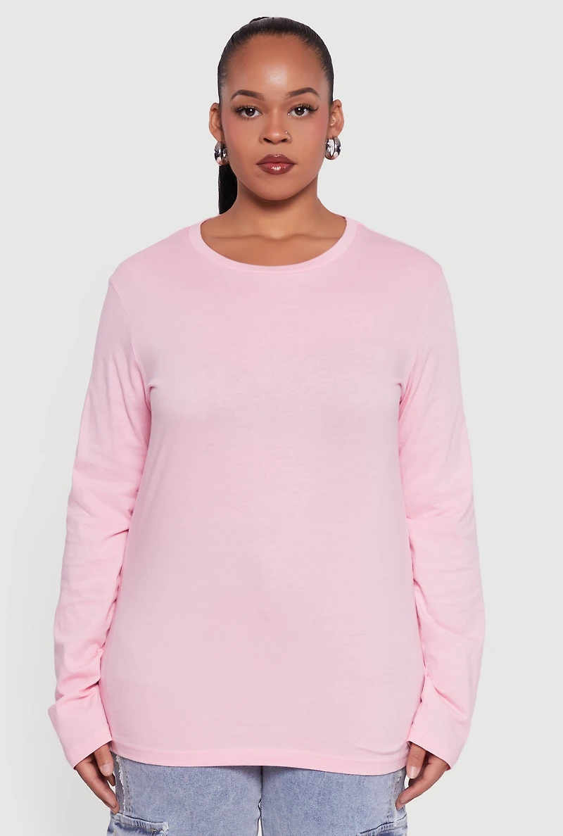 Plus Solid Long Sleeve Crew Neck Tee