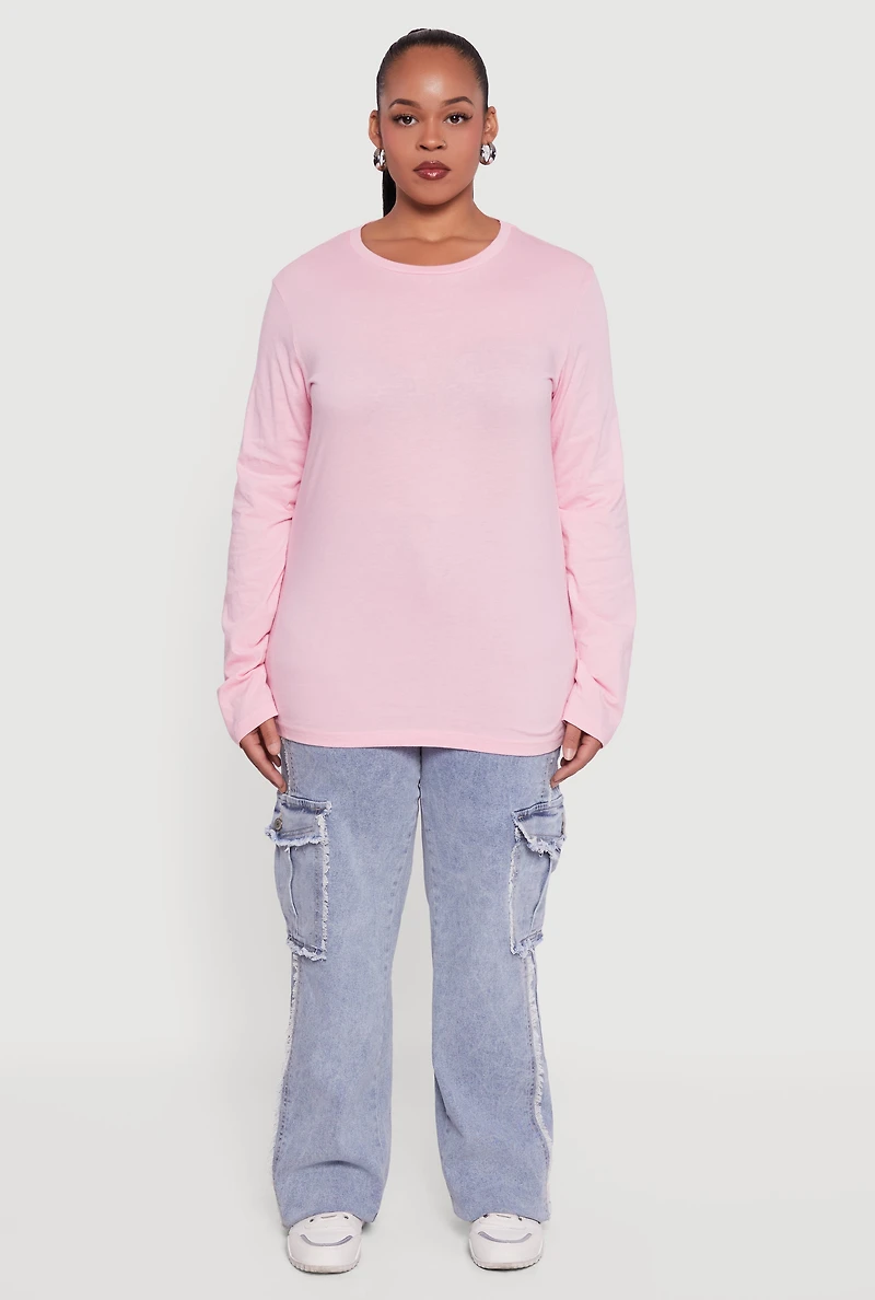 Plus Solid Long Sleeve Crew Neck Tee