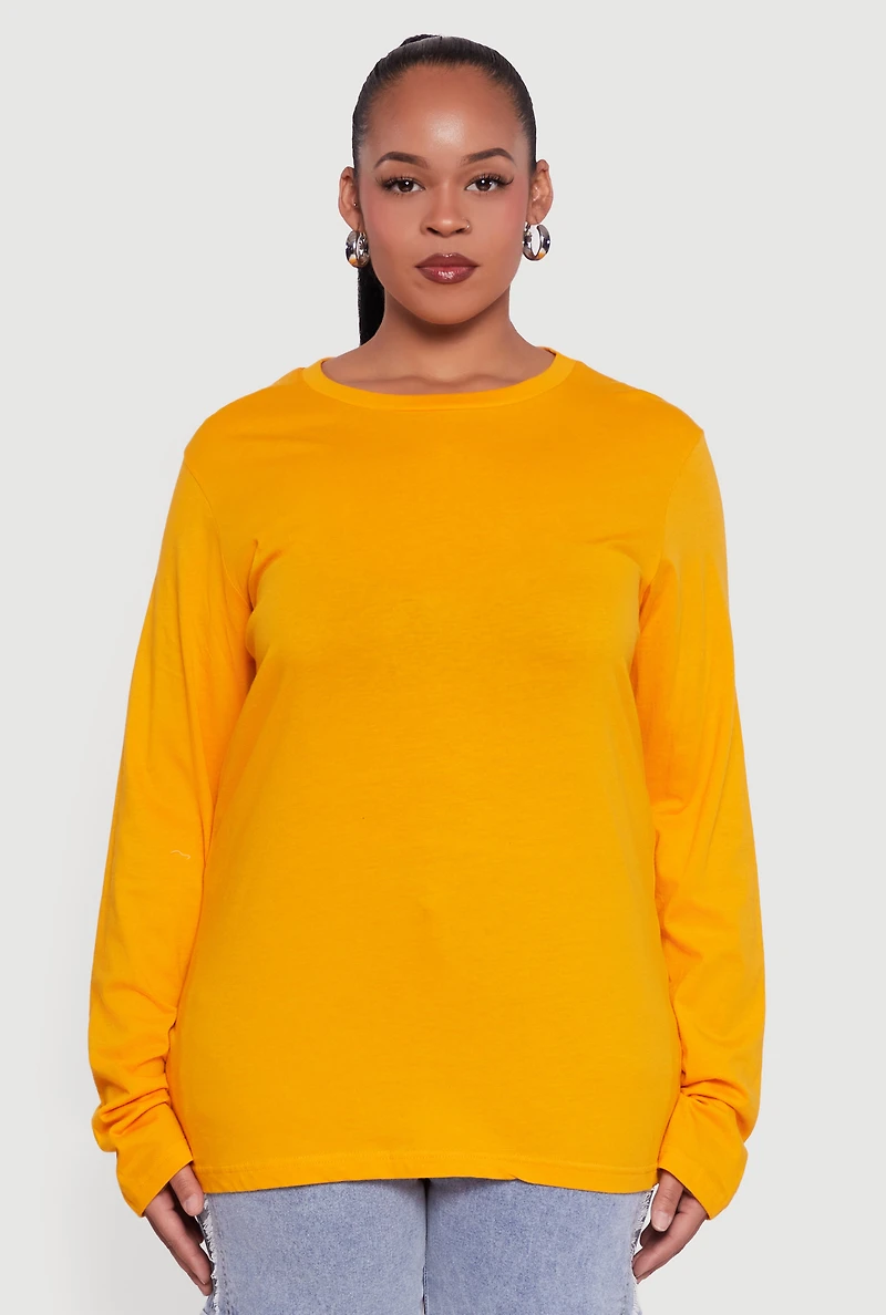 Womens Plus Size Solid Long Sleeve Crew Neck Tee, Orange, Size 3X