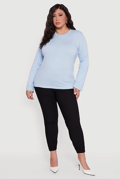 Womens Plus Solid Long Sleeve Crew Neck Tee,