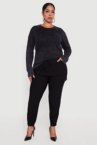 Womens Plus Size Mineral Wash Long Sleeve Crew Neck Tee, Black, Size 2X