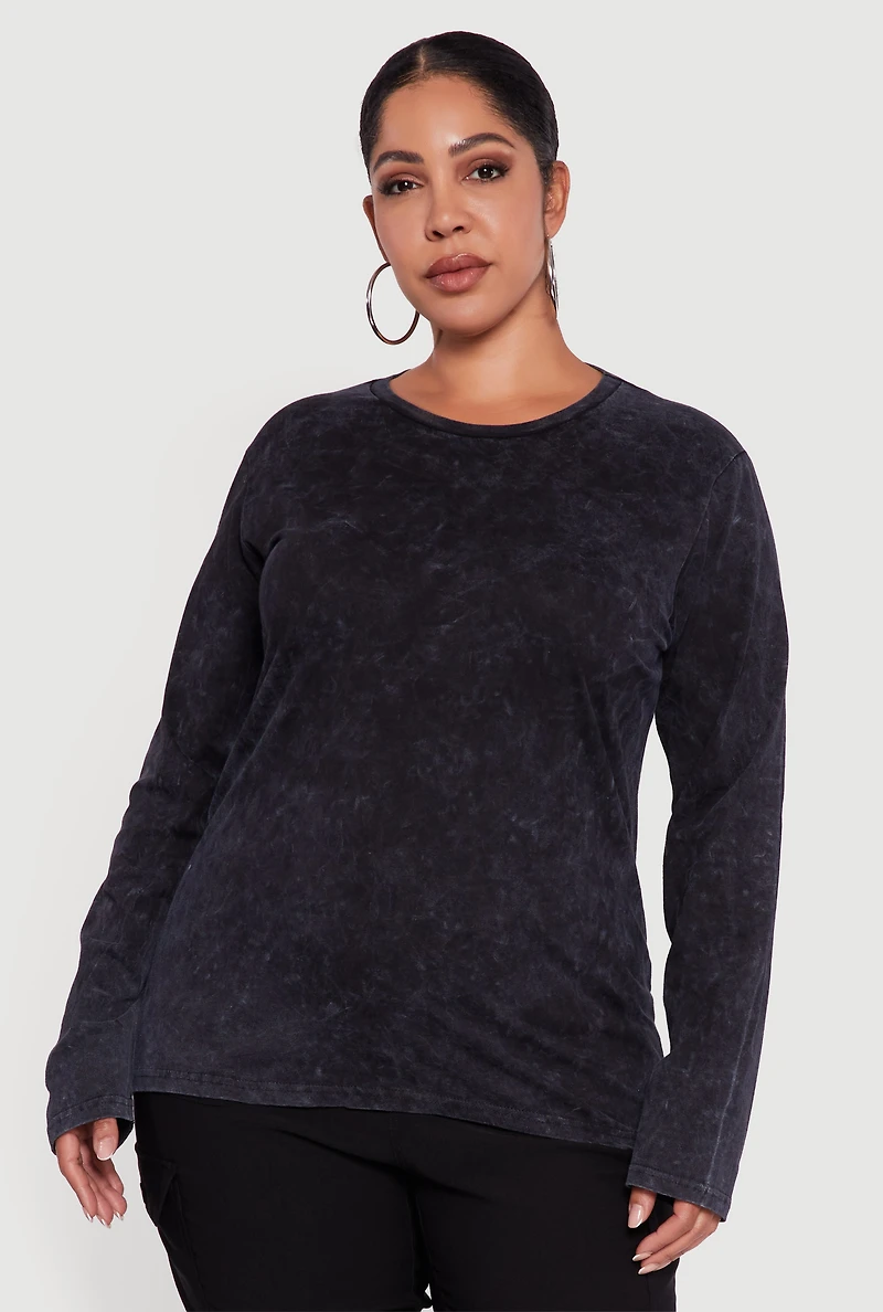 Womens Plus Mineral Wash Long Sleeve Crew Neck Tee,