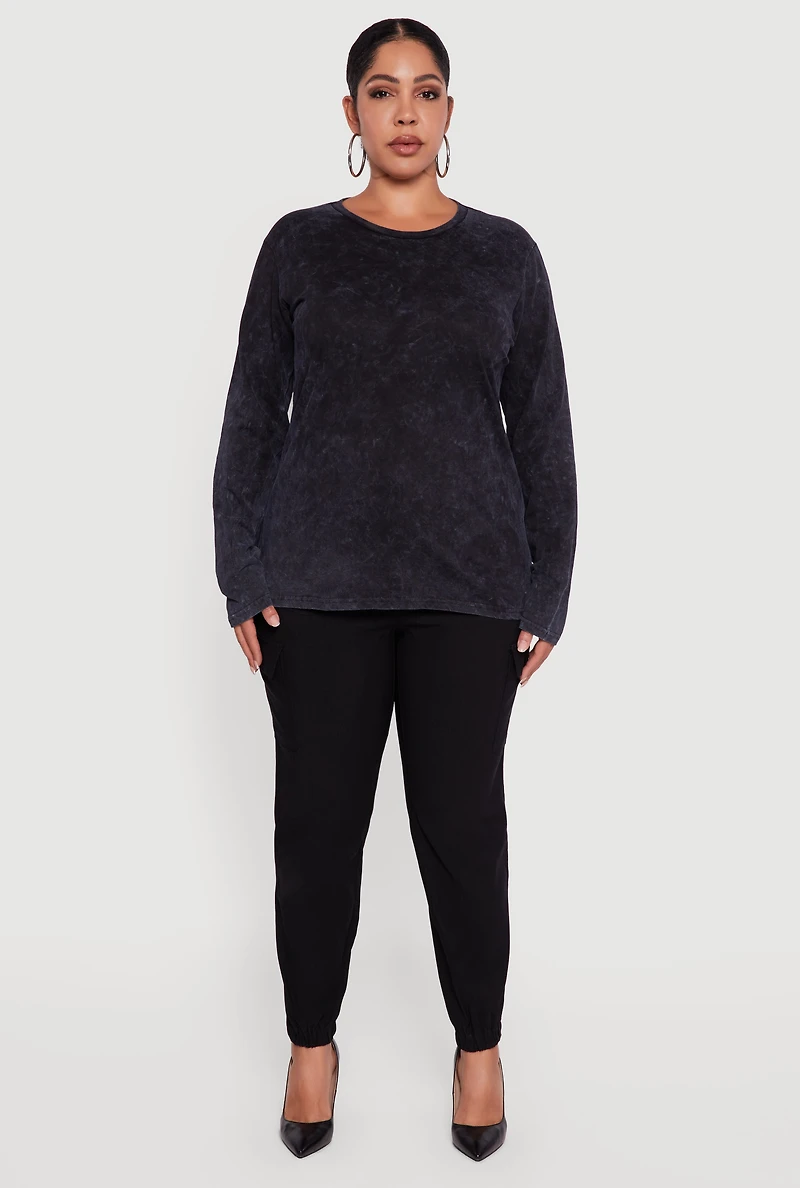 Womens Plus Size Mineral Wash Long Sleeve Crew Neck Tee, Black, Size 2X