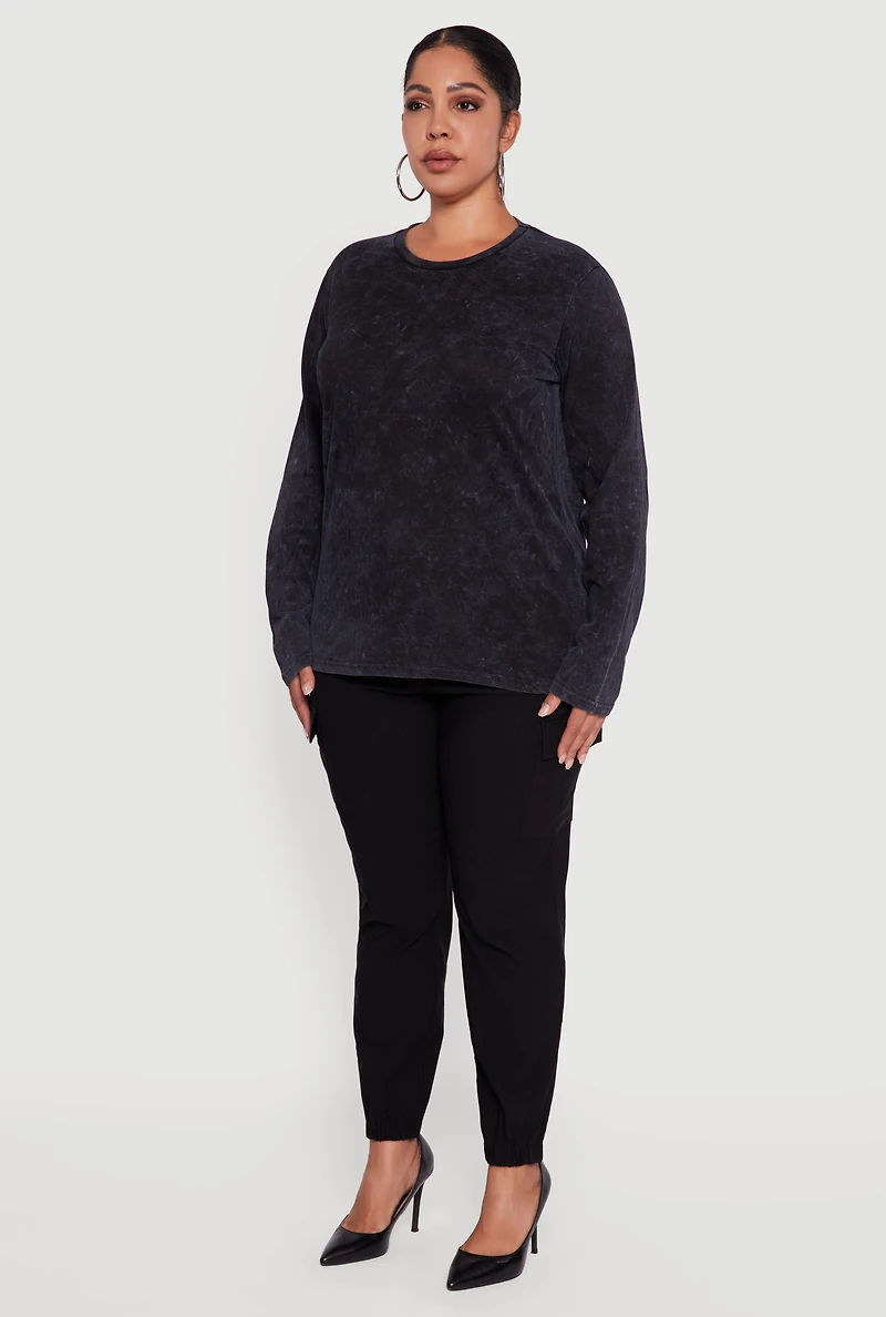 Womens Plus Size Mineral Wash Long Sleeve Crew Neck Tee, Black, Size 2X