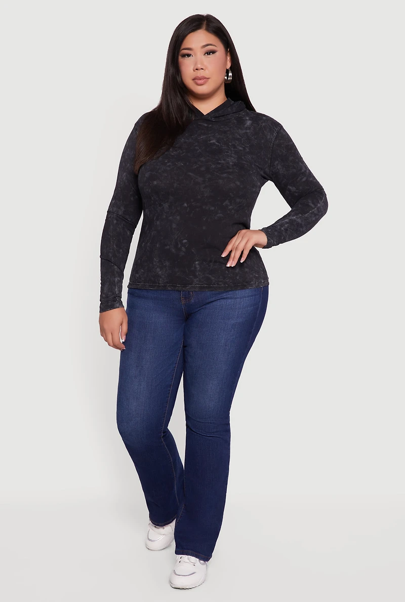 Womens Plus Size Acid Wash Long Sleeve Pullover Hoodie, Black, Size 1X