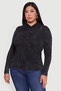Womens Plus Size Acid Wash Long Sleeve Pullover Hoodie, Black, Size 1X