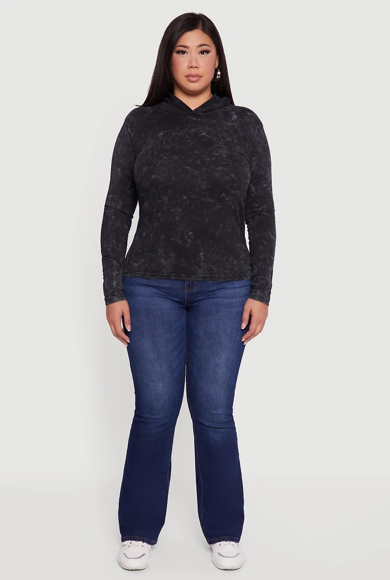 Womens Plus Size Acid Wash Long Sleeve Pullover Hoodie, Black, Size 1X
