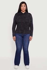 Womens Plus Size Acid Wash Long Sleeve Pullover Hoodie, Black, Size 1X