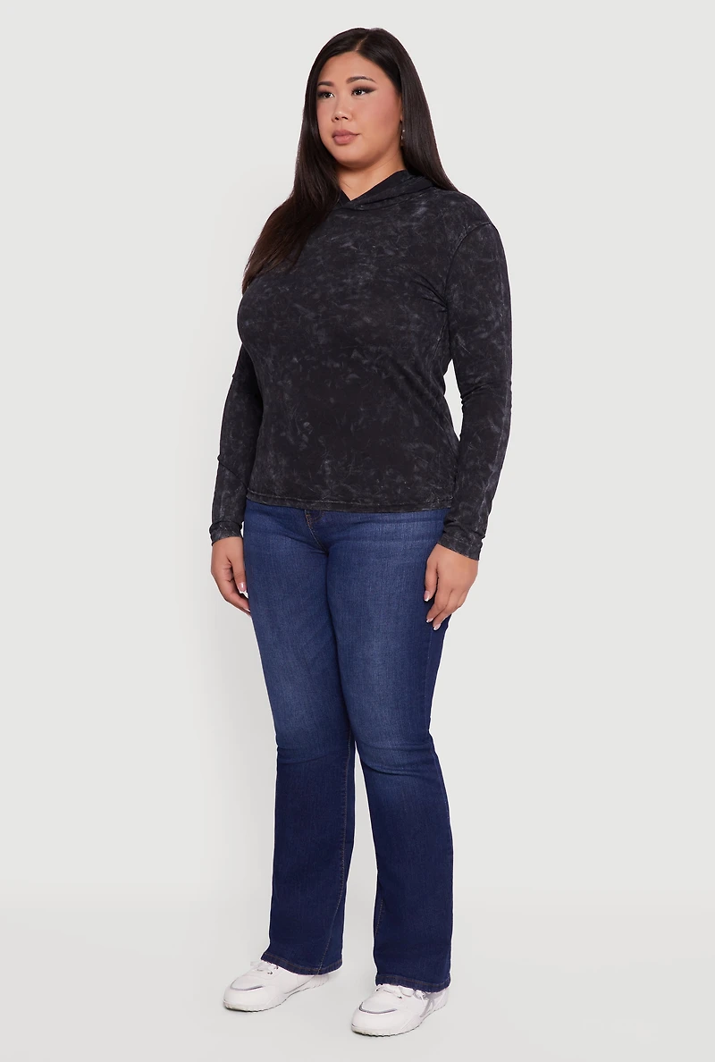 Womens Plus Size Long Sleeve Hooded Pullover Top, Black, Size 2X