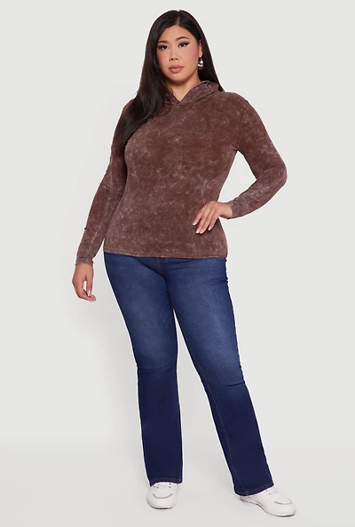 Womens Plus Size Acid Wash Long Sleeve Pullover Hoodie, Brown, Size 2X