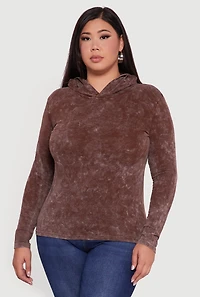 Womens Plus Size Acid Wash Long Sleeve Pullover Hoodie, Brown, Size 2X