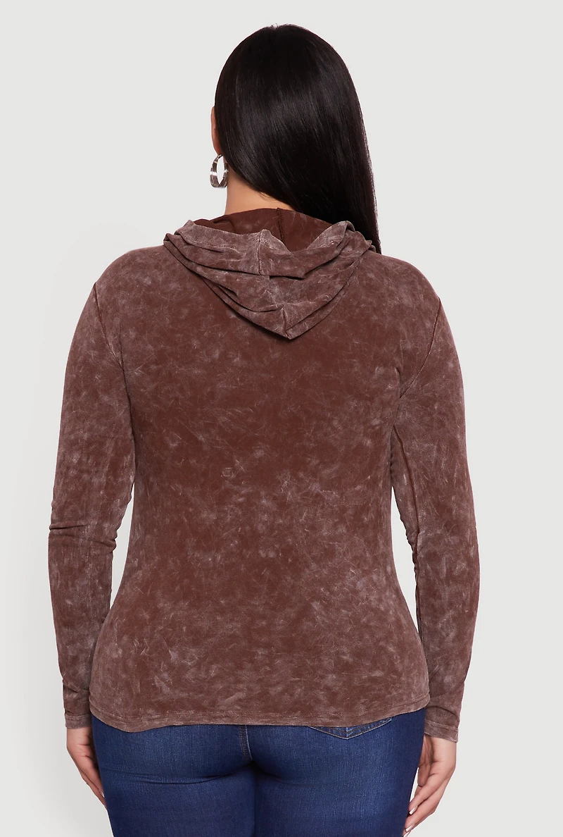 Womens Plus Size Acid Wash Long Sleeve Pullover Hoodie, Brown, Size 2X