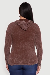 Womens Plus Size Acid Wash Long Sleeve Pullover Hoodie, Brown, Size 2X