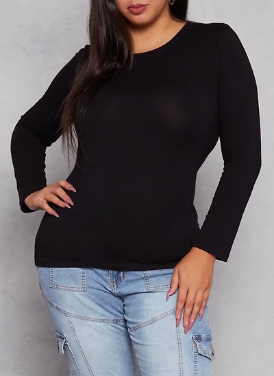 Womens Plus Size Long Sleeve Basic T Shirt, Black, Size 1X