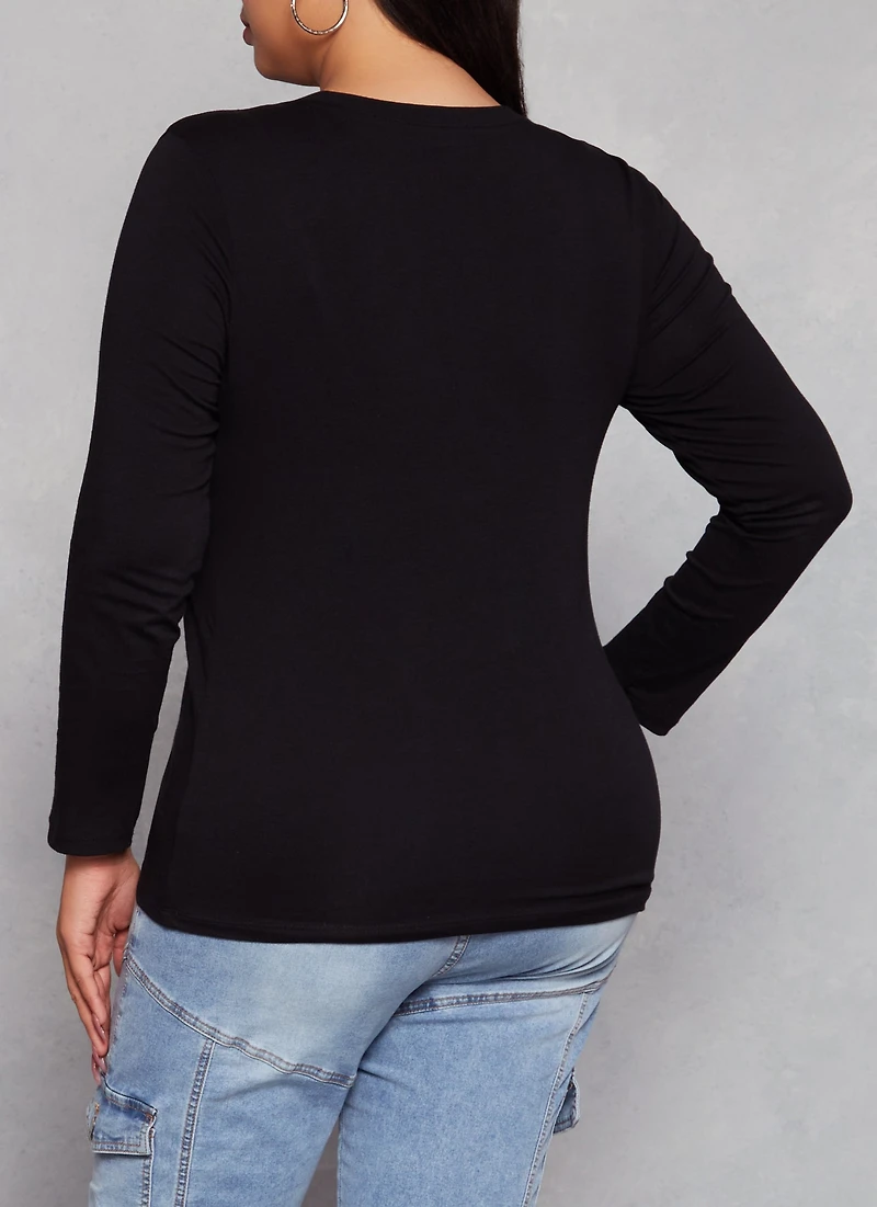 Womens Plus Size Long Sleeve Basic T Shirt, Black, Size 2X
