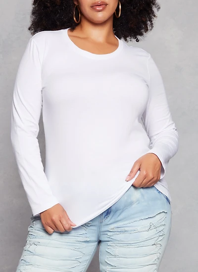 Womens Plus Size Long Sleeve Basic T Shirt, White, Size 1X
