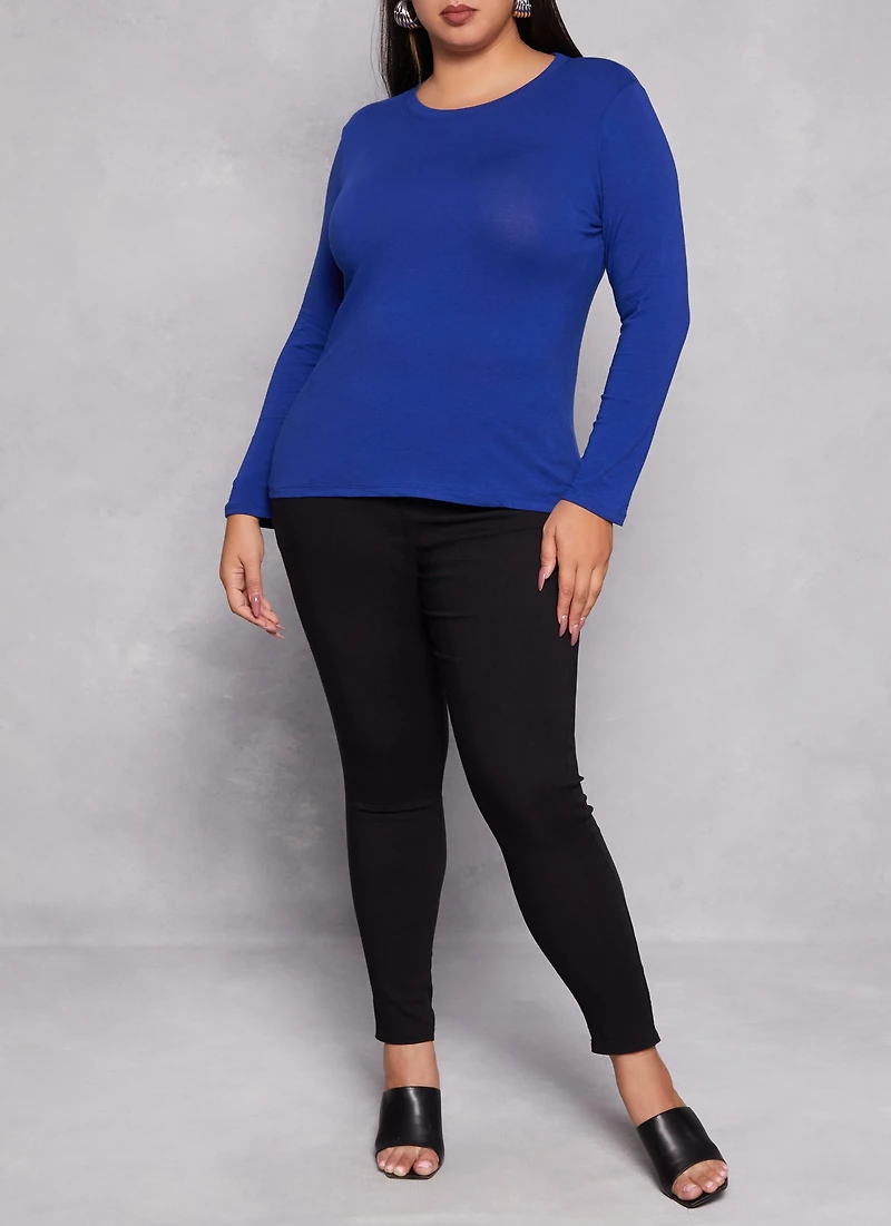Womens Plus Size Long Sleeve Basic T Shirt, Blue, Size 1X