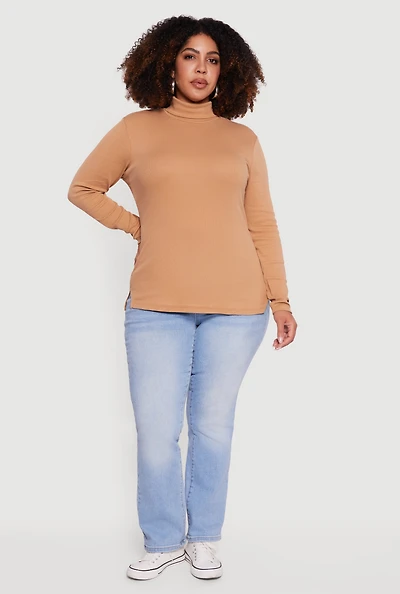 Womens Plus Ribbed Knit Turtleneck Long Sleeve Top, 1X