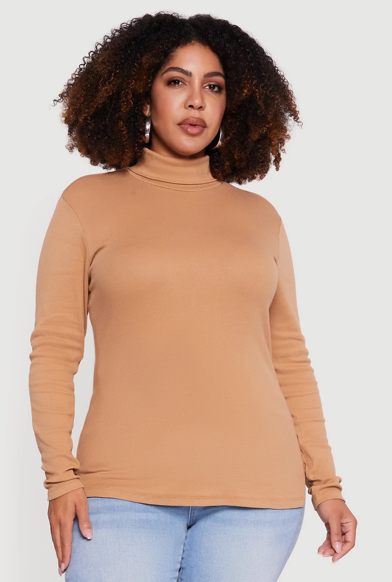 Womens Plus Ribbed Knit Turtleneck Long Sleeve Top, 1X