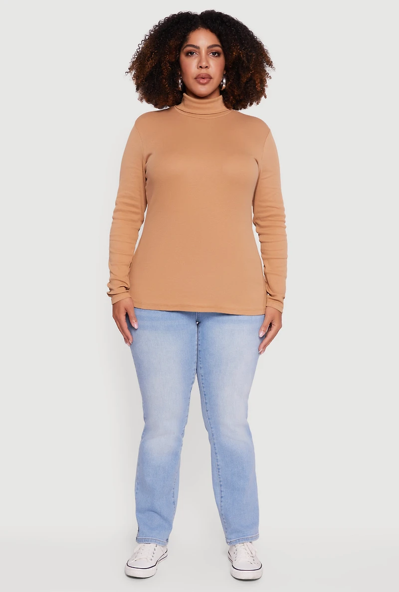 Womens Plus Ribbed Knit Turtleneck Long Sleeve Top, 1X