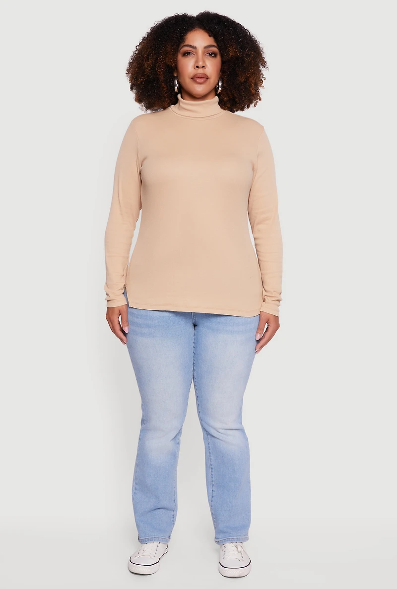 Plus Ribbed Knit Turtleneck Long Sleeve Top